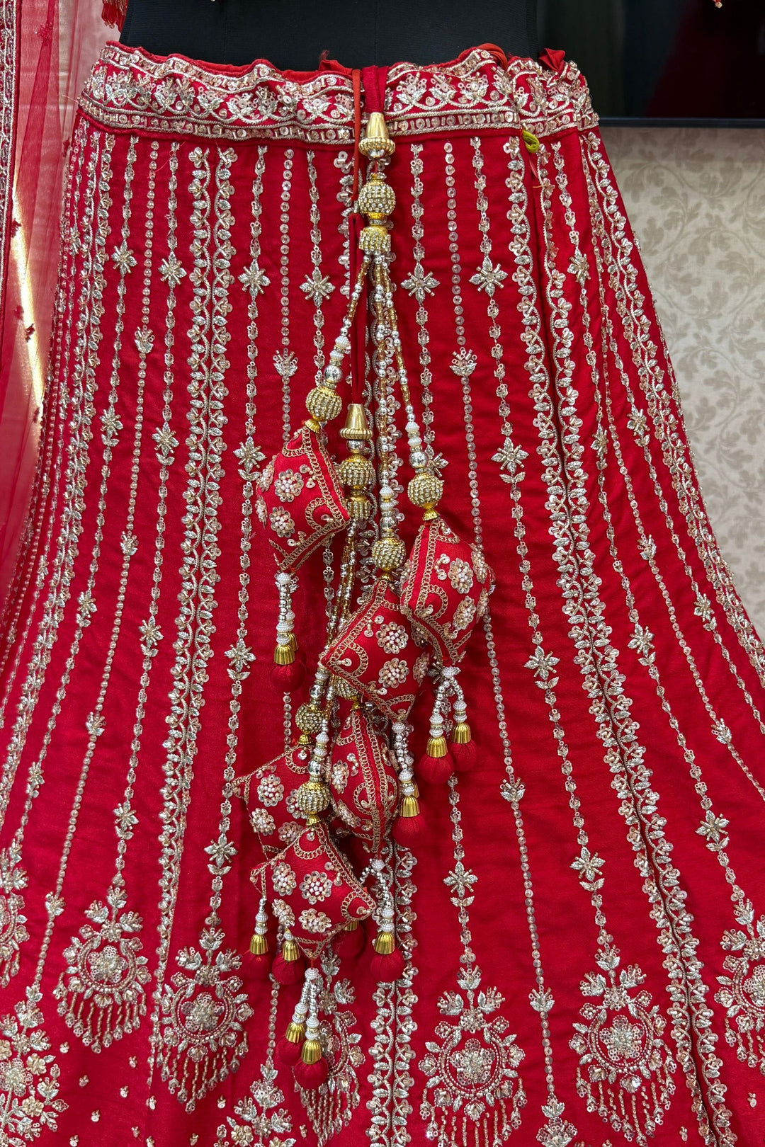 Red Beads, Zari, Zardozi, Thread and Sequins work Crop Top Designer Bridal Lehenga
