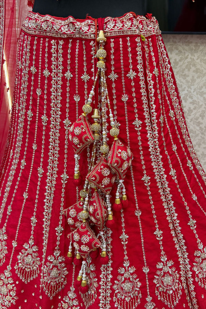 Red Beads, Zari, Zardozi, Thread and Sequins work Crop Top Designer Bridal Lehenga