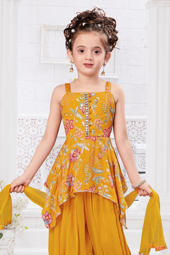 Mustard Zari, Stone, Sequins and Mirror work with Floral Print Joggers Set for Girls