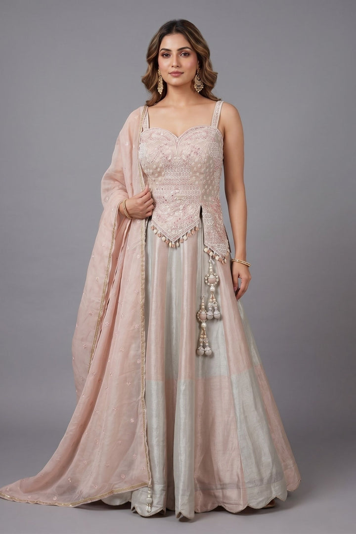 Grey with Peach Beads, Mirror, Stone, Sequins and Thread work Peplum Style Lehenga