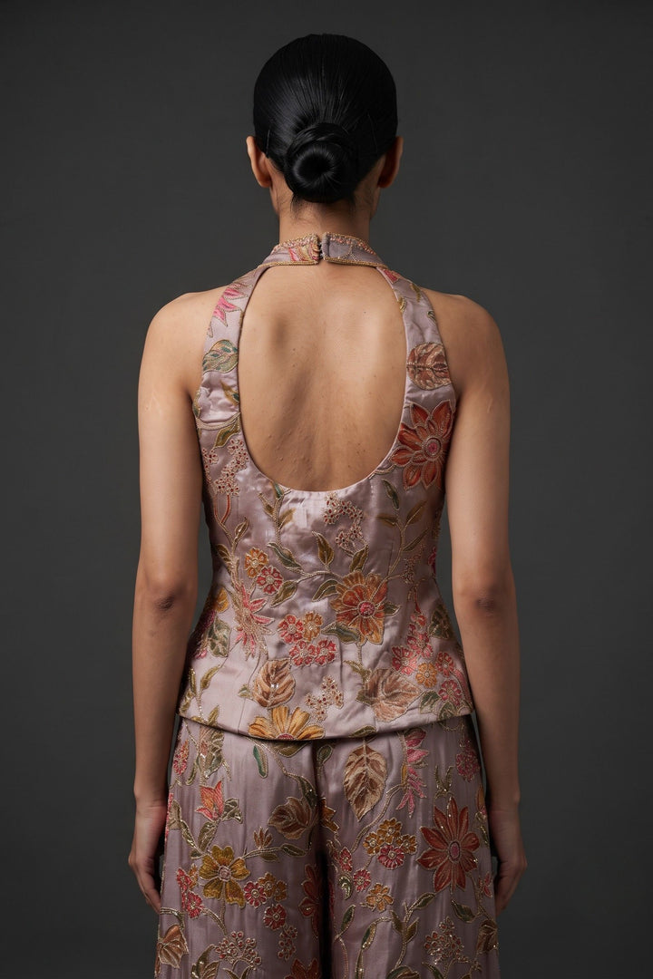 Lilac Halter Neck Palazzo Set with Zardozi, Zari, Beads, Sequins, Stone and Mirror Detailing