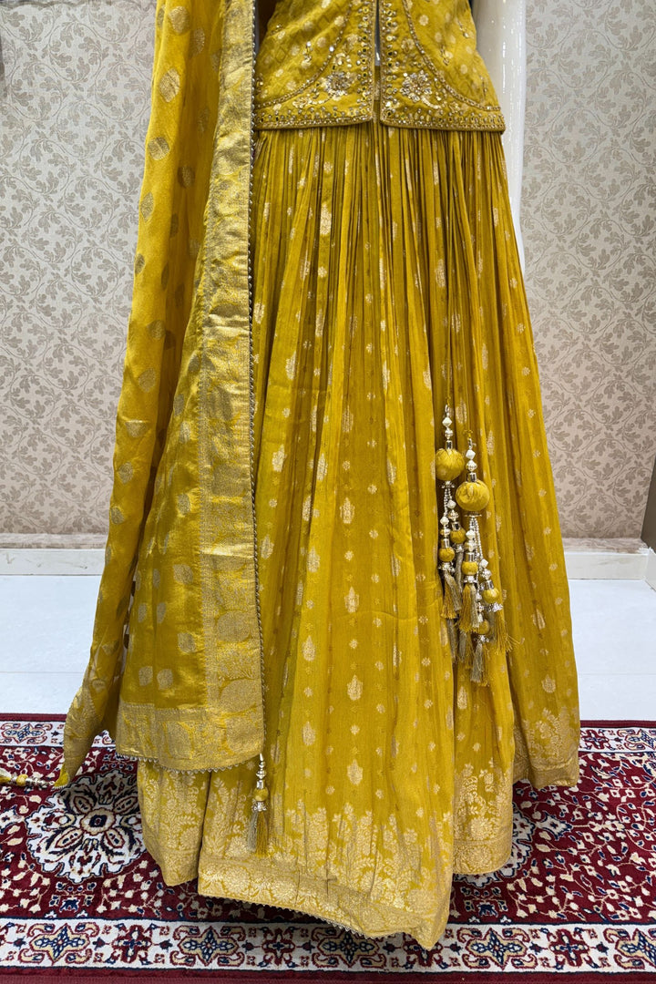Yellow Jacquard, Mirror, Stone, Sequins, Beads and Banaras work Peplum Style Lehenga