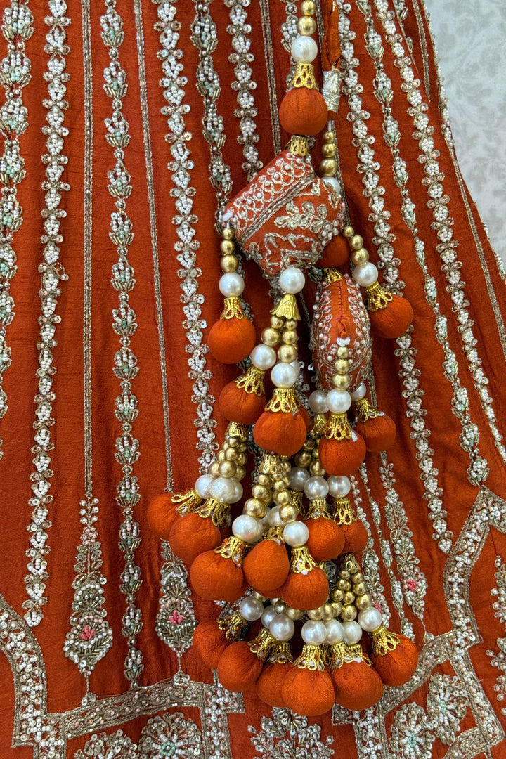 Rust Handworked Zardozi, Sequins, Pearl and Beads work Crop Top Designer Bridal Lehenga