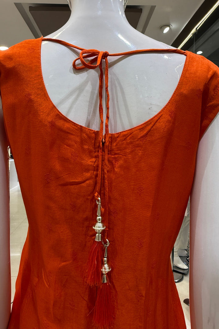 Orange Banaras work V-Neck Straight Cut Salwar Suit