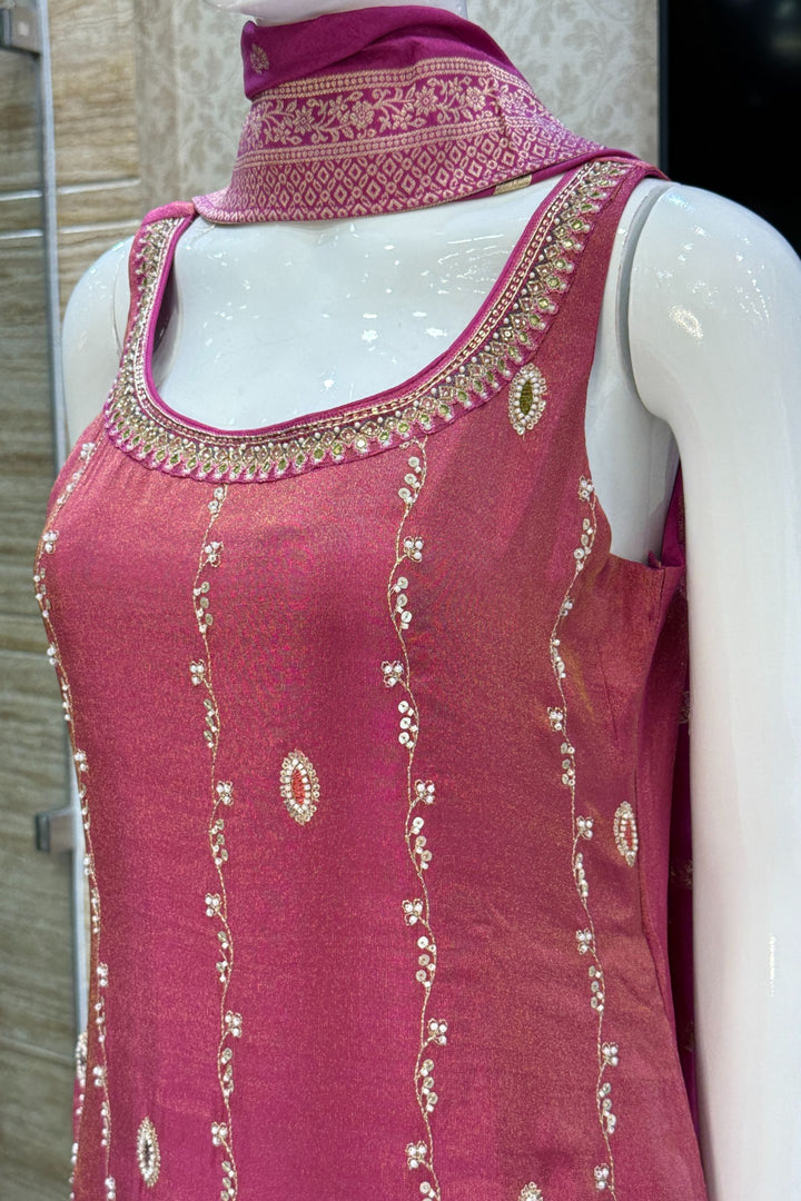 Magenta Pink Beads, Zardozi, Mirror, Pearl, Zari and Sequins work Straight Cut Salwar Suit