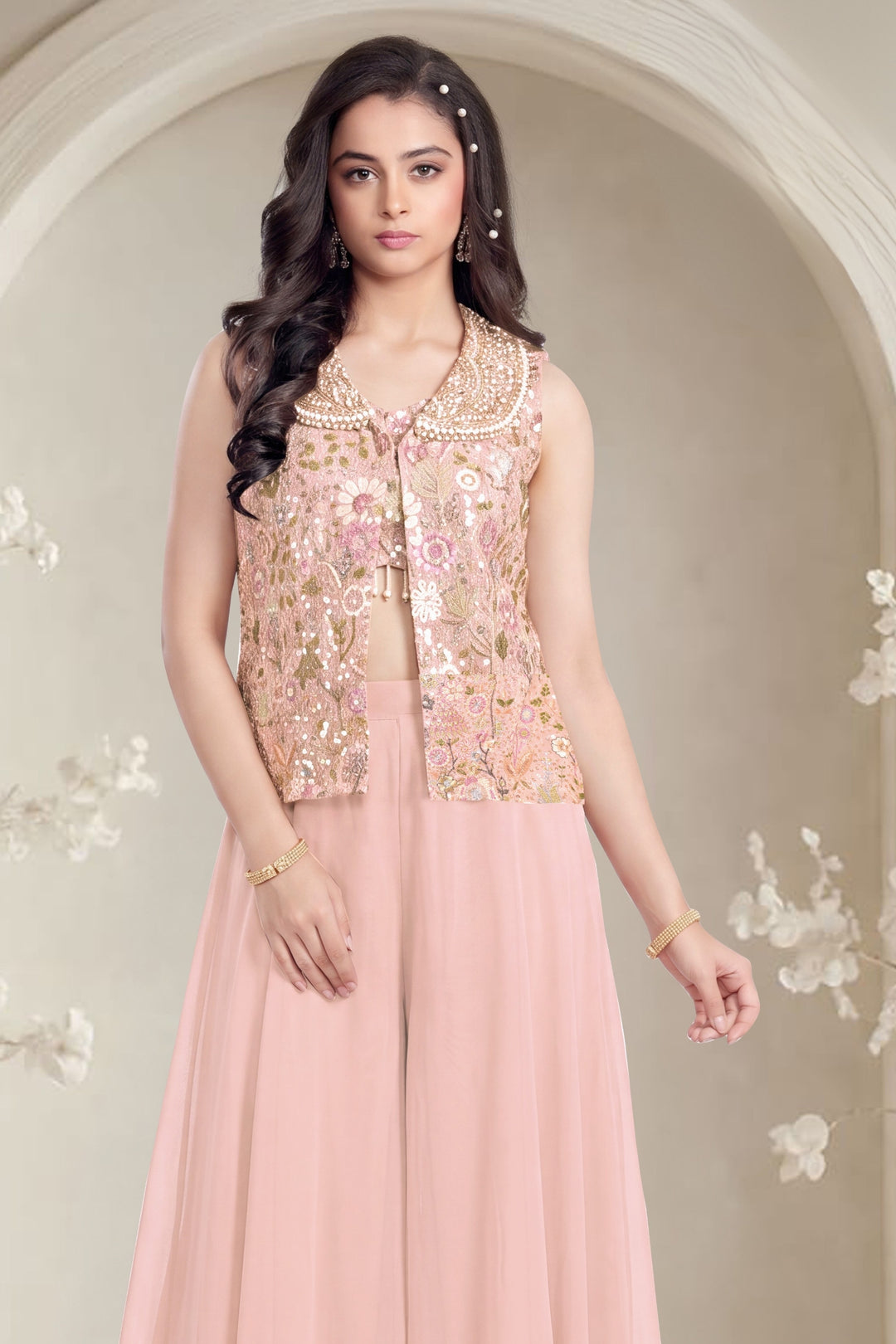 Peach Jacket Styled Palazzo Salwar Suit with Beads, Sequins and Embroidery Detailing
