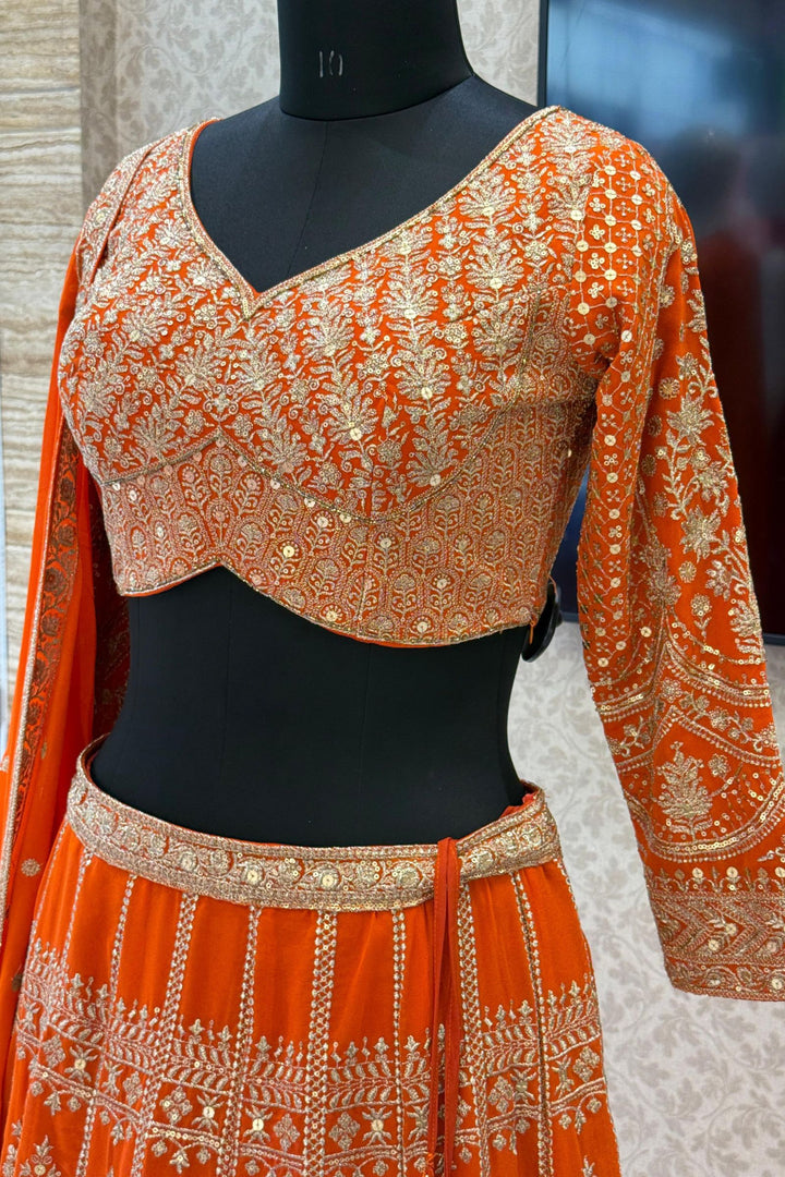 Orange Sequins and Zari work Crop Top Lehenga