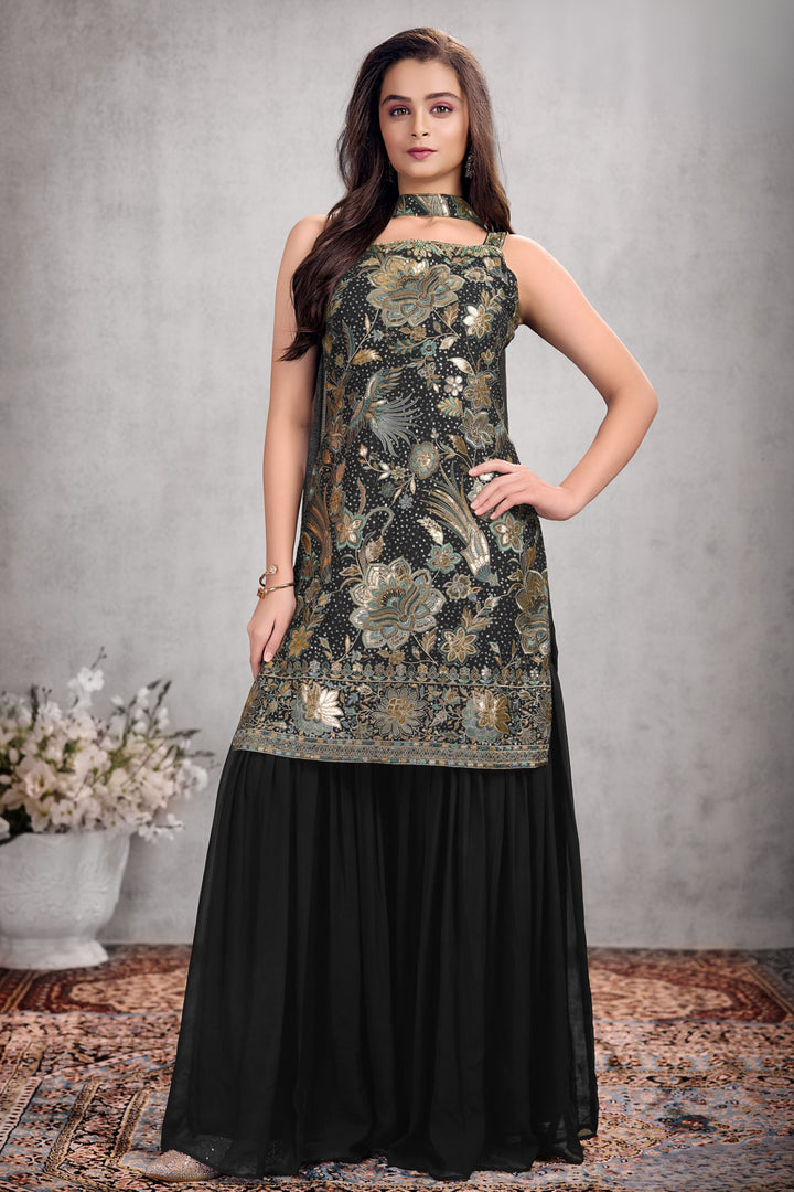 Black Embroidery, Zari, Sequins, Stone and Mirror work Sharara Suit Set for Girls