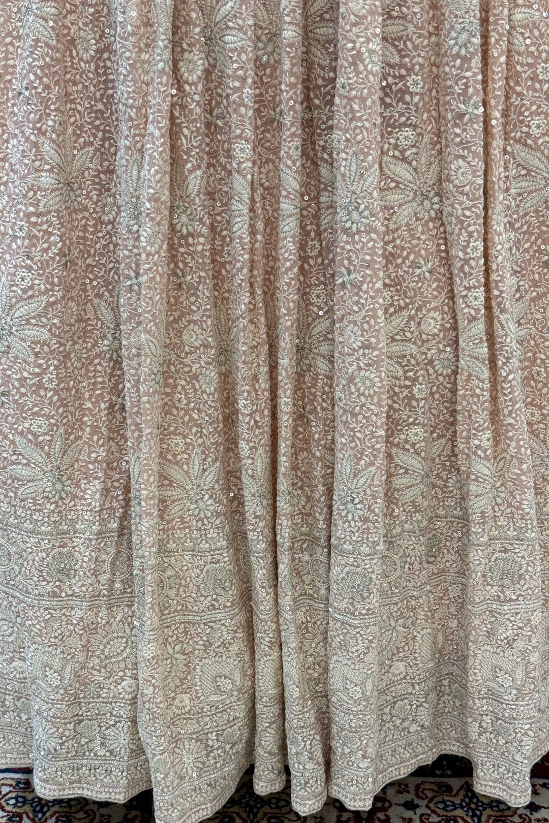 Peach Lucknowi, Sequins, Mirror, Beads and Zari work Crop Top Lehenga