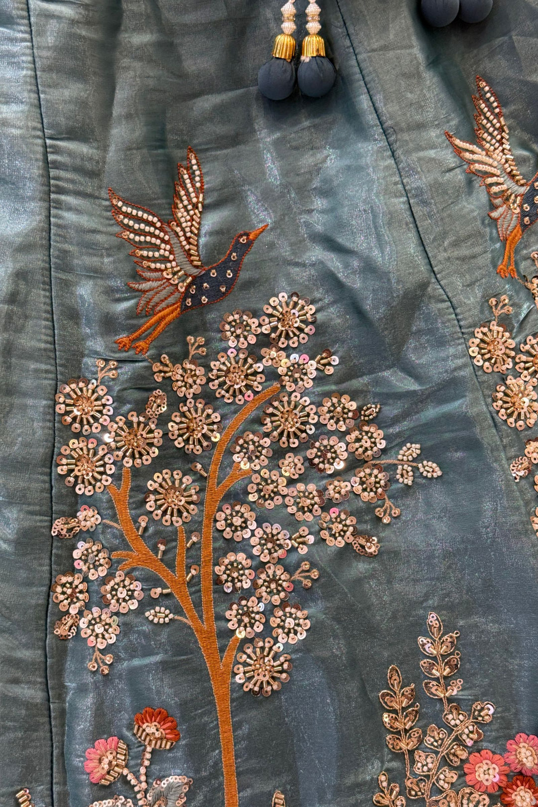 Bridal Organza Lehenga with Hand-Embroidered Birds and Floral Forest Motifs