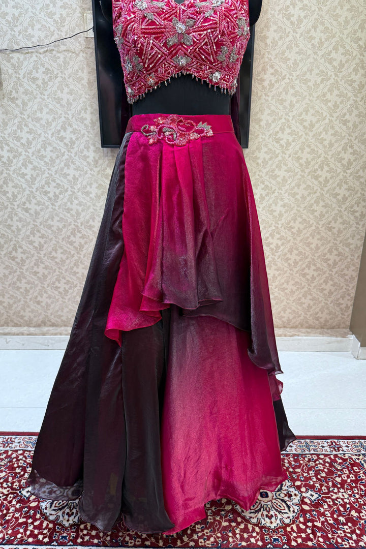 Magenta Mirror, Beads and Sequins work Crop Top Lehenga