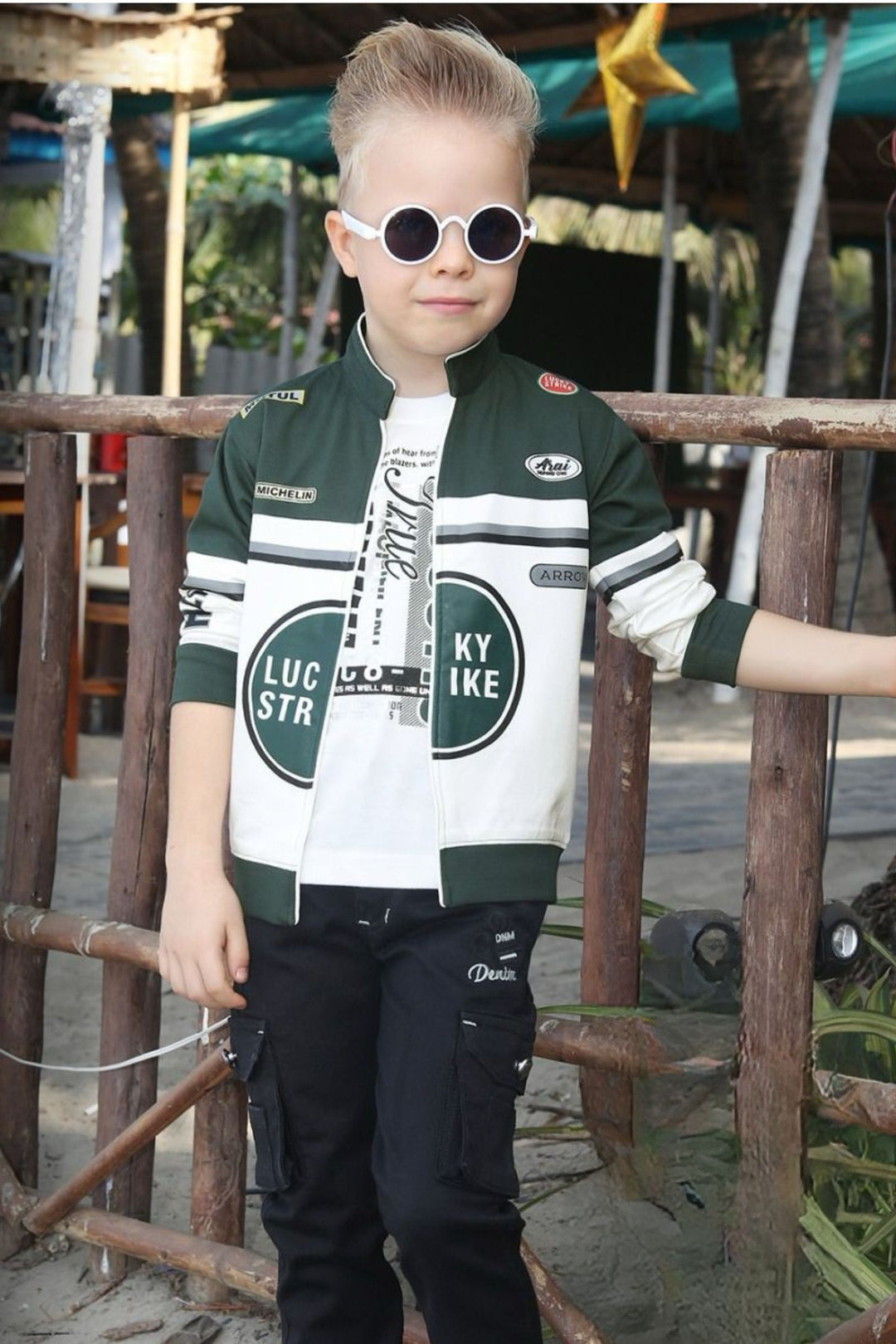 Green with White Printed Blazer, T-Shirt and Black Pant Set for Boys with Belt