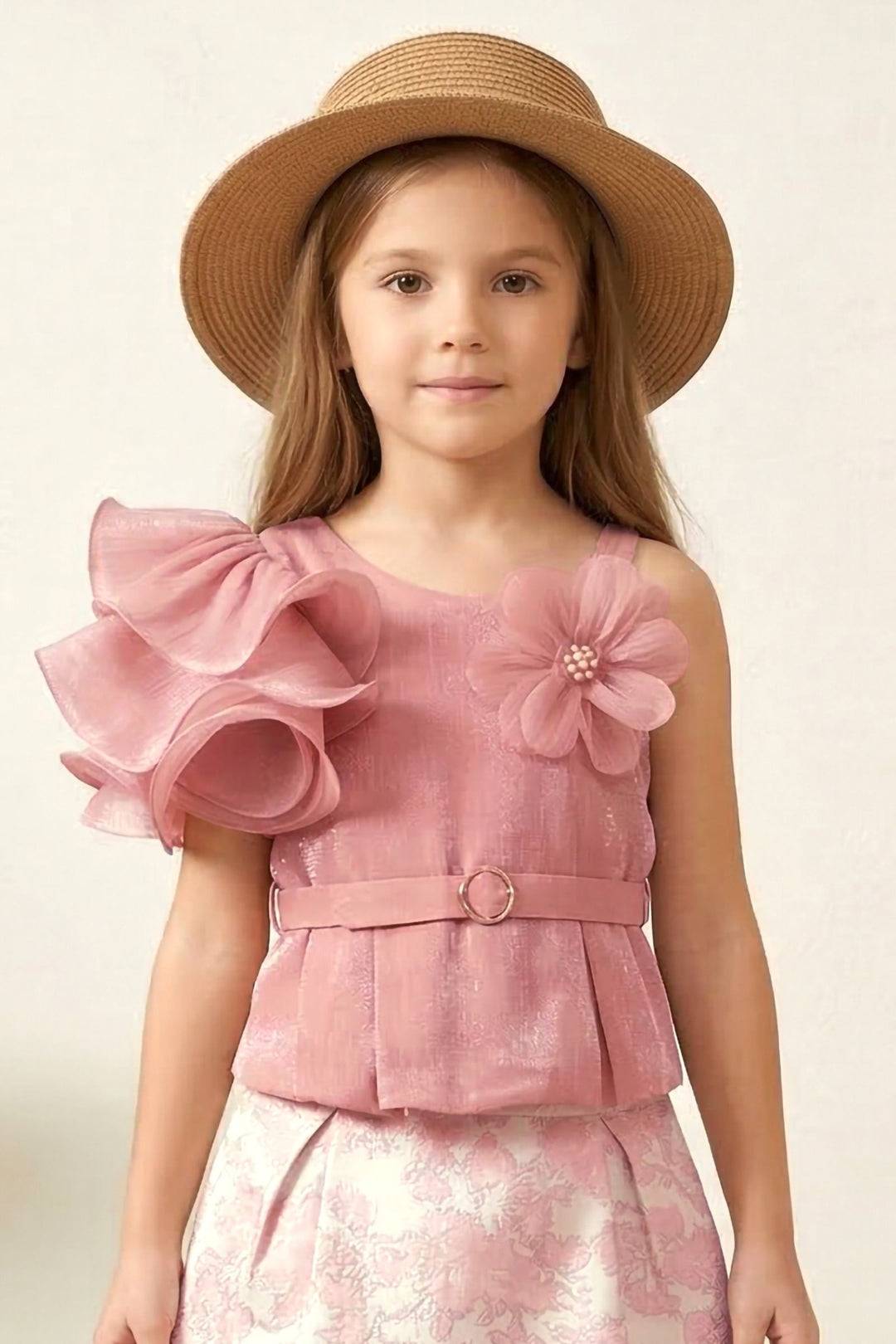 Peach Top and Cream Zari work with Digital Print Skirt for Girls