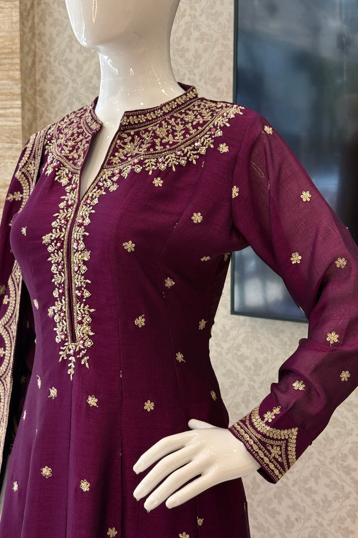 Wine Zari, Zardozi, Sequins and Stone work A-line Cut Salwar Suit