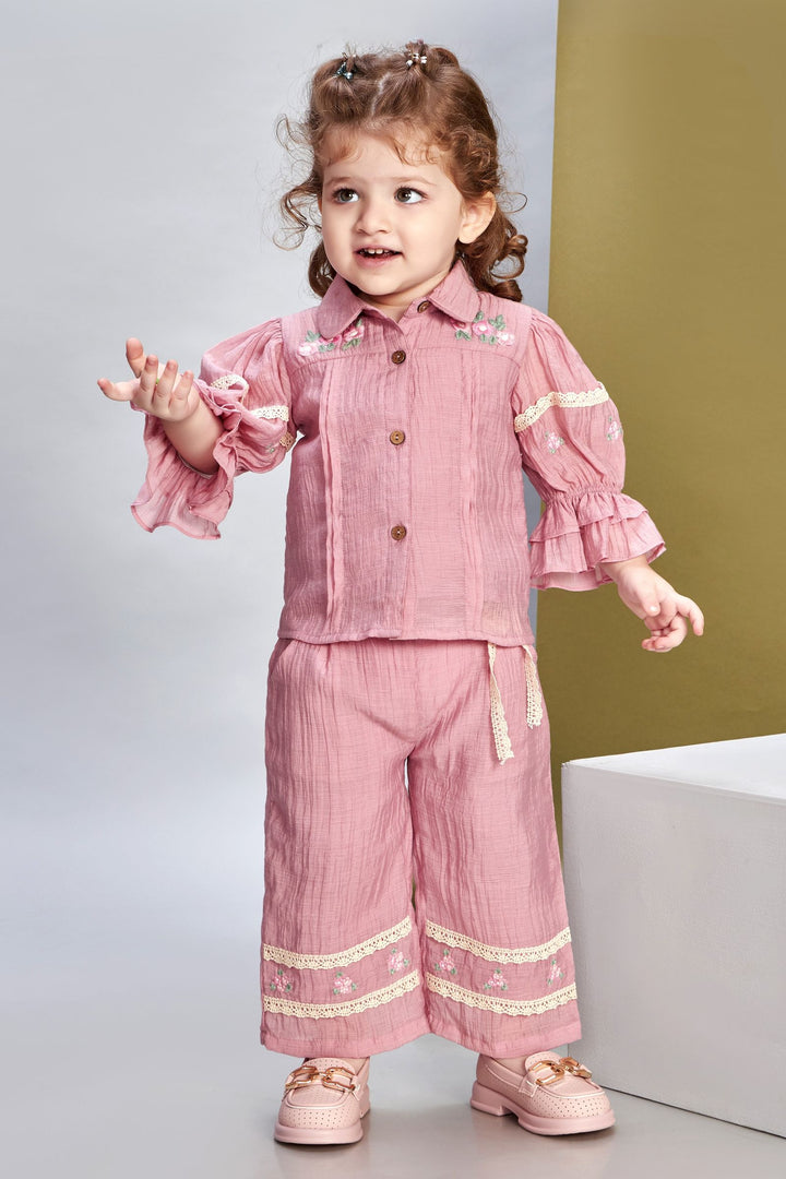 Pink with Lace work Top and Palazzo Set for Girls