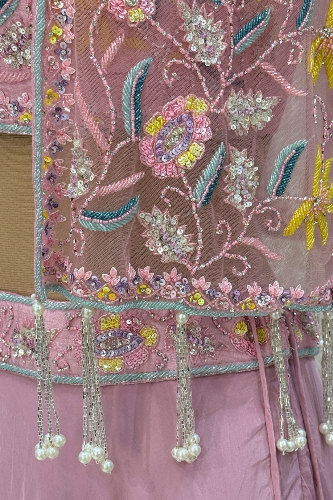 Light Pink Beads, Sequins and Stone work with Poncho Crop Top Lehenga