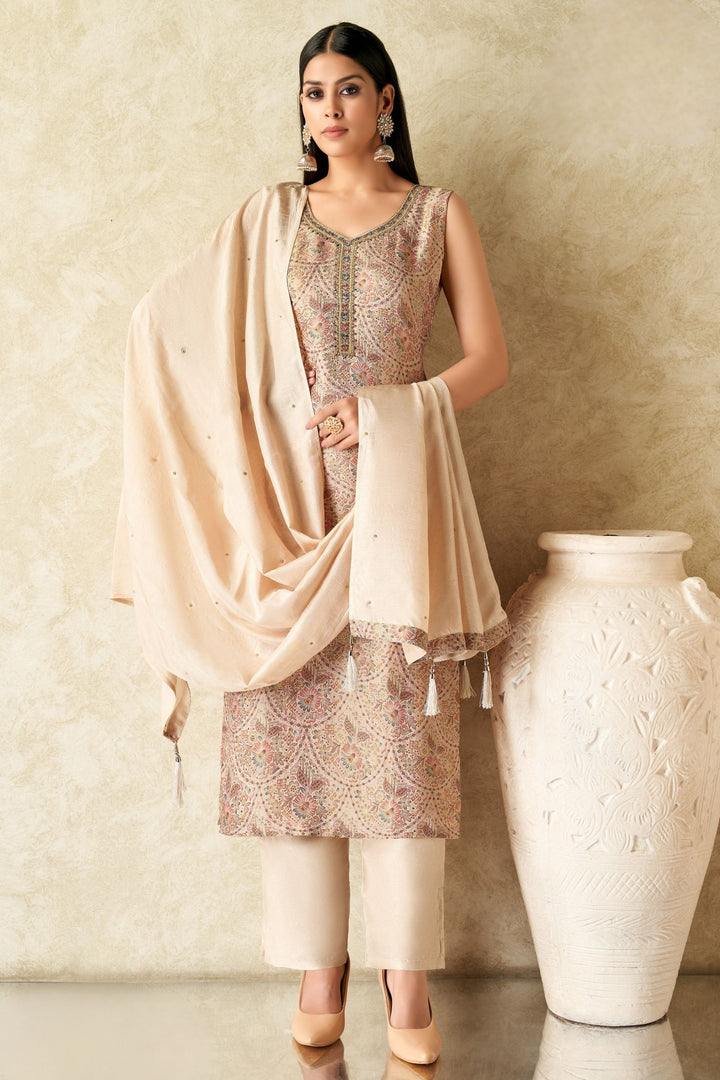 Beige Brocade, Mirror, Zardozi and Sequins work with Digital Print Straight Cut Salwar Suit
