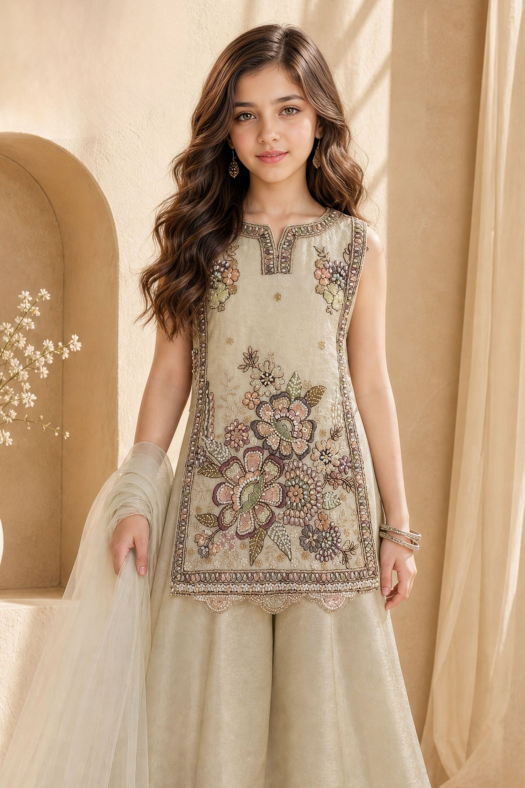 Beige Embroidery, Sequins and Beads work Palazzo Set for Girls