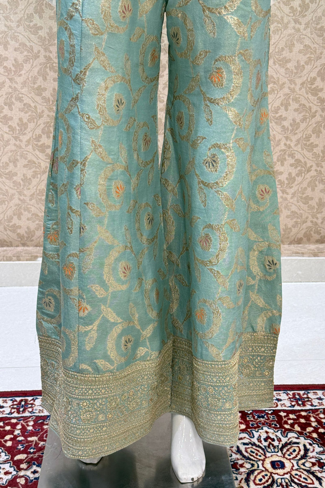 Sea Green Palazzo Set with Beads, Sequins and Zari work with Choker Dupatta