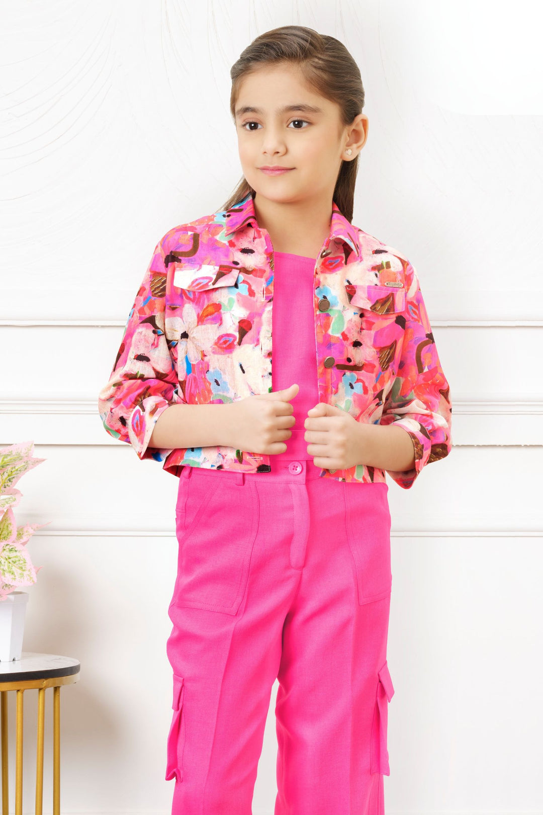 Neon Pink with Multicolor Digital Print Jacket Styled Co-ord Set for Girls
