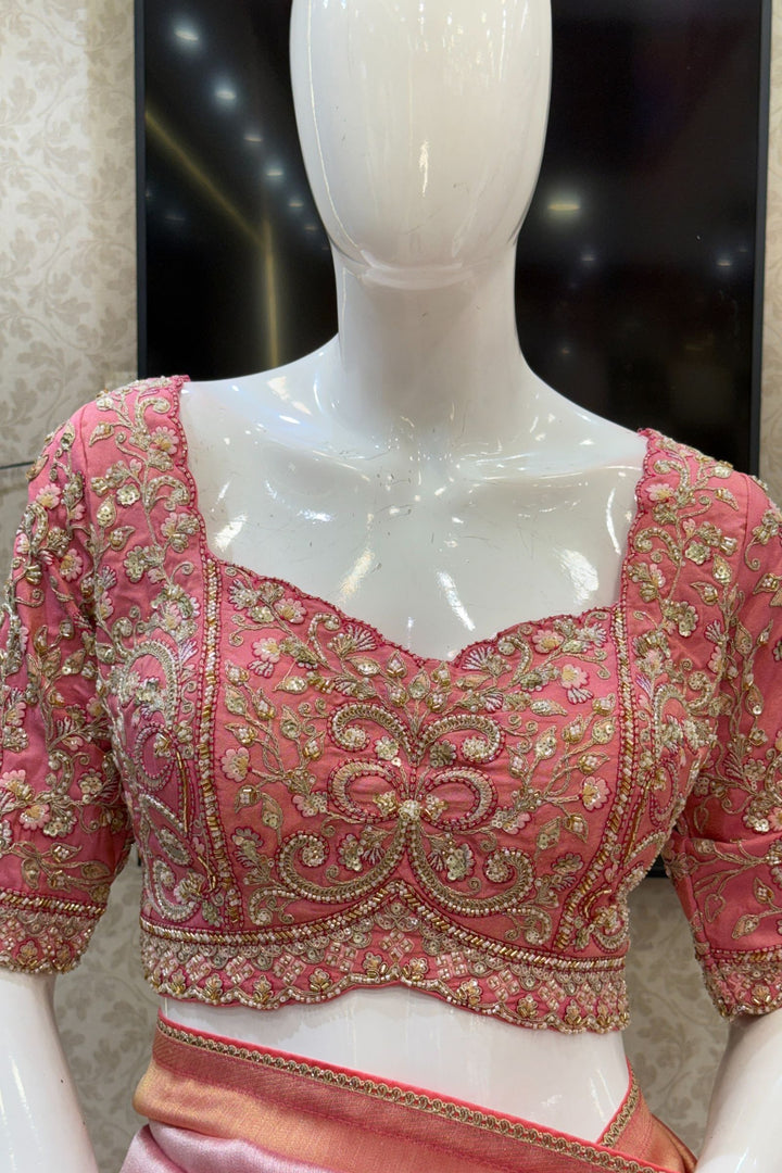 Baby Pink Saree with Beads, Sequins, Zardozi and Zari work Readymade Blouse