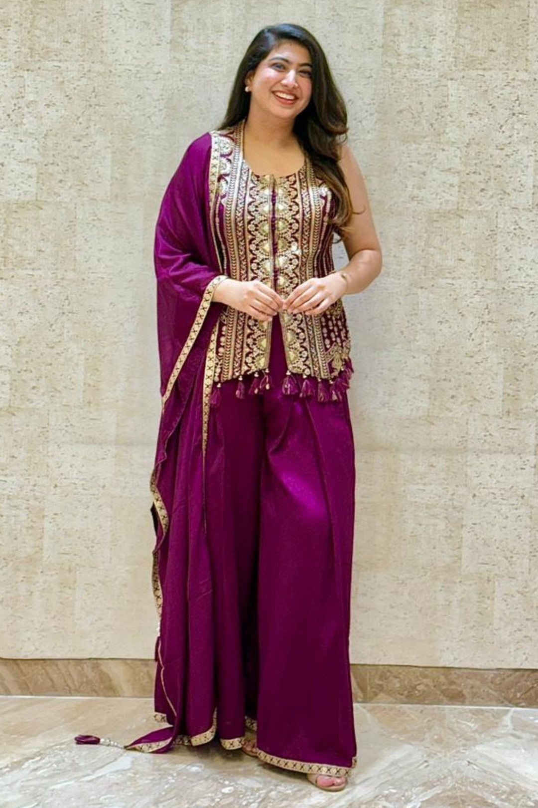Wine Zari, Sequins, Stone and Beads work Top with Flared Palazzo Set