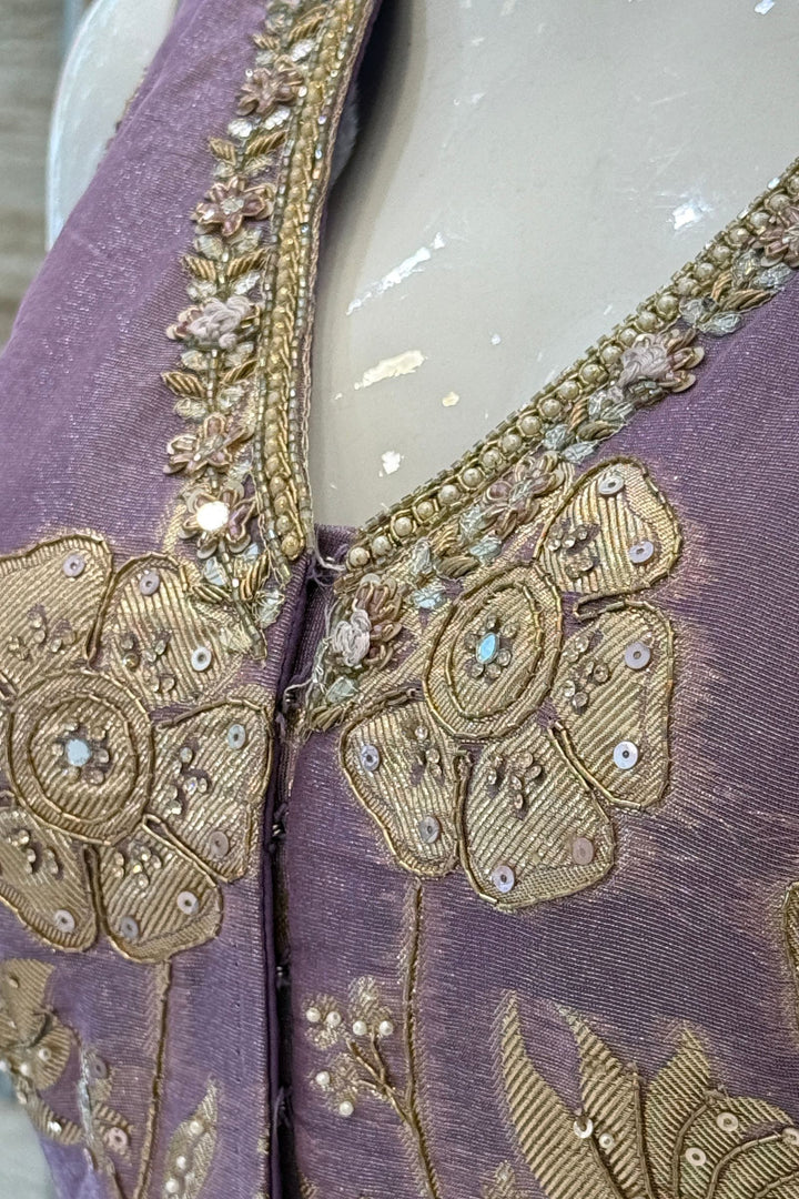 Lavender Palazzo Salwar Suit with Banaras, Mirror, Zari, Sequins and Stone Detailing