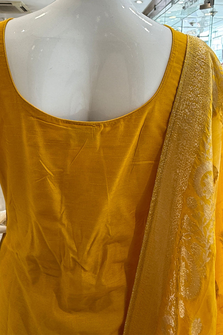 Yellow Beads, Mirror, Stone, Banaras and Brocade work Straight Cut Salwar Suit