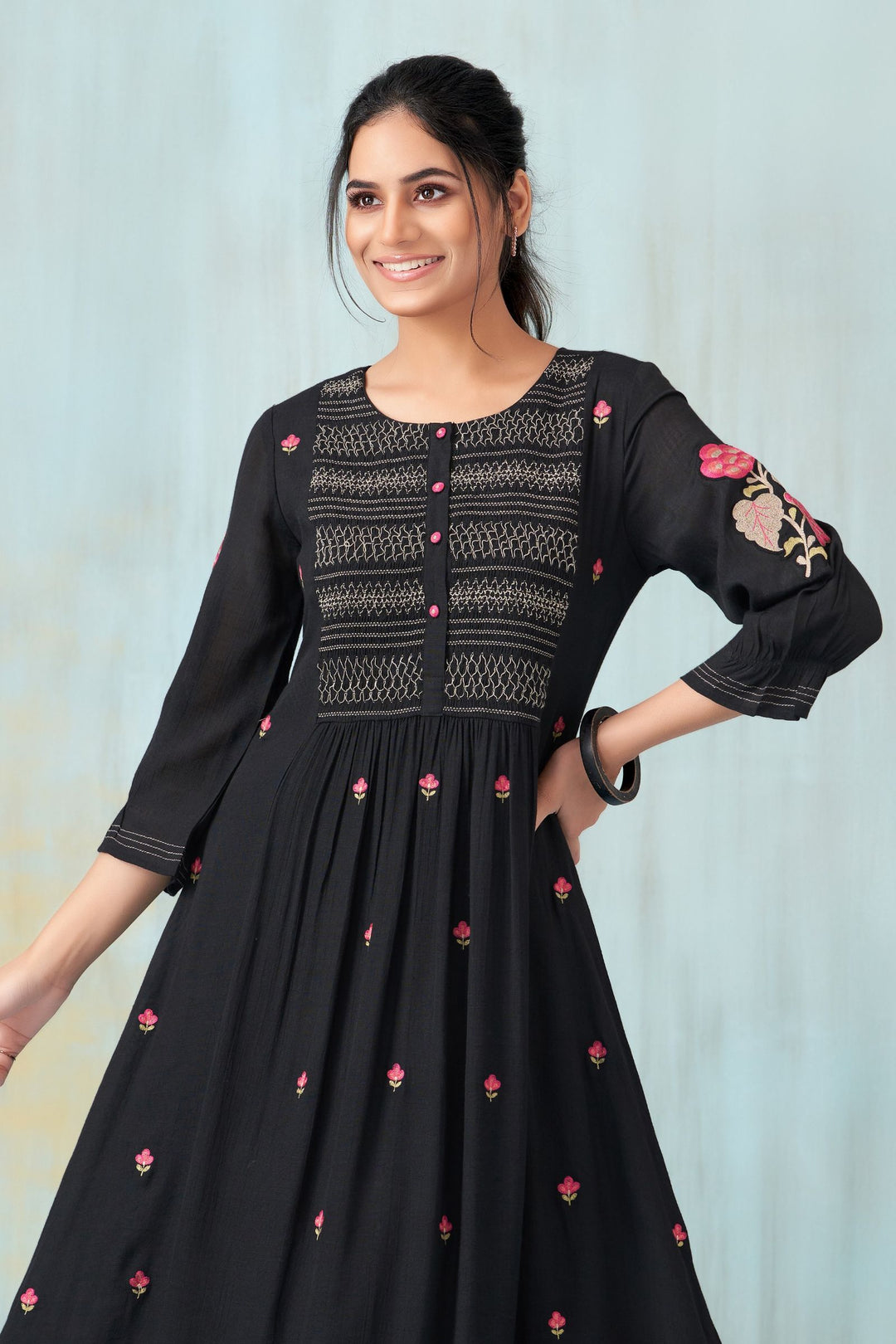 Black Multicolor Thread work Anarkali Styled Long Kurti