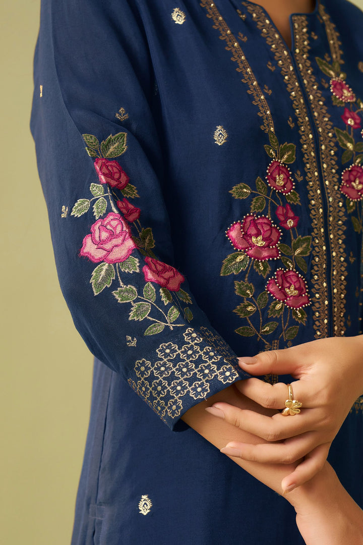 Navy Blue Embroidery, Banaras and Beads work Straight Cut Salwar Suit