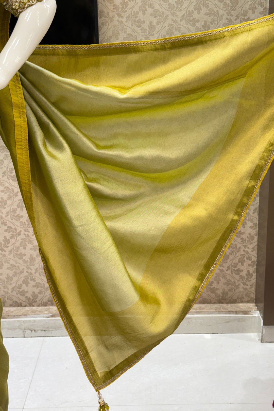 Pista Green Saree with Beads, Sequins, Zardozi and Zari work Readymade Blouse