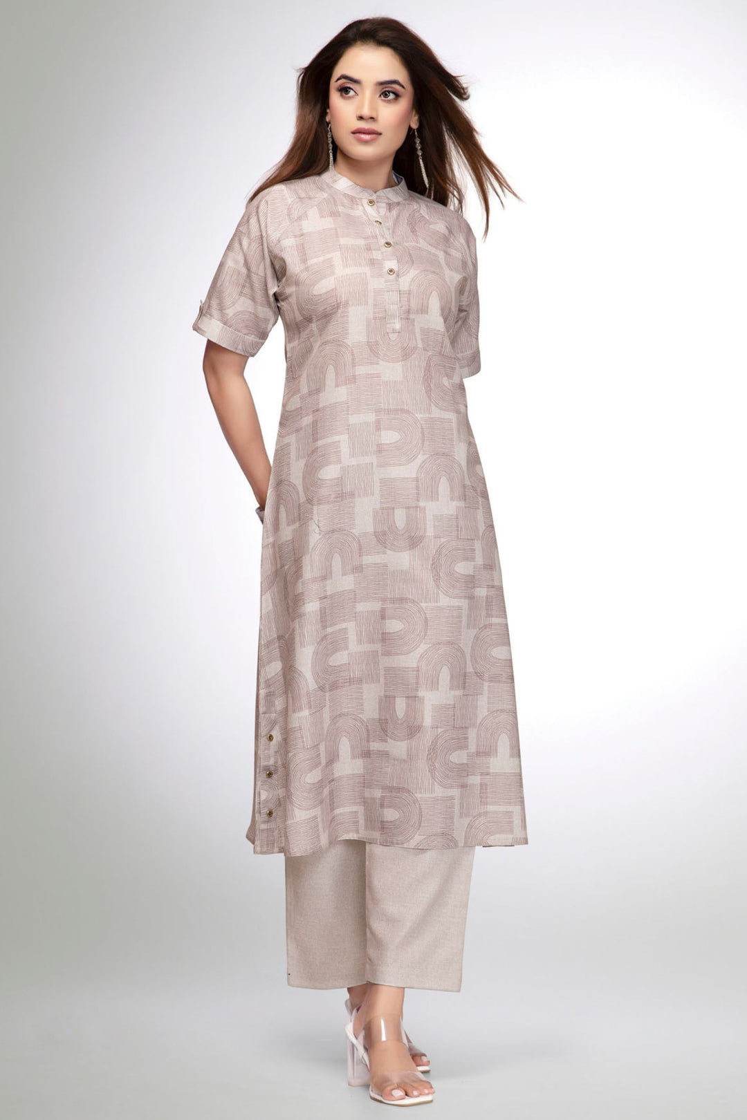 Stone Beige Straight Fit Kurta Set with Modern Printed Pattern