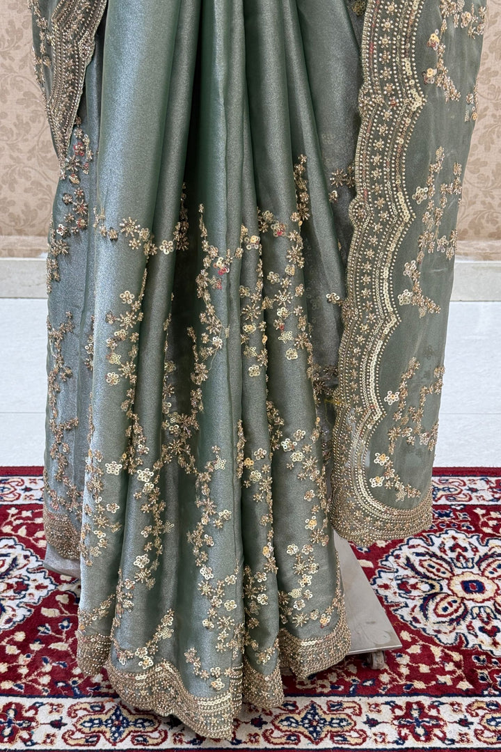 Sea Green Beads, Zari and Sequins work Saree