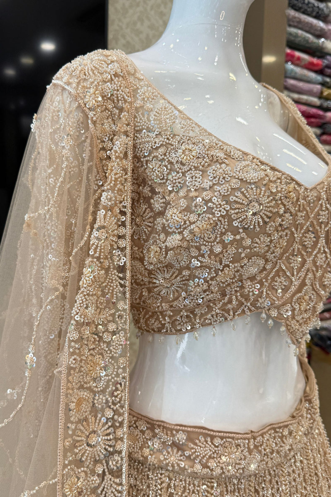 Gold Beads and Sequins work Crop Top Designer Bridal Lehenga