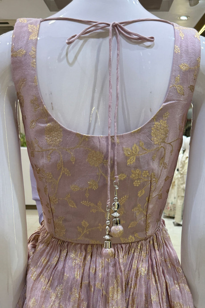 Baby Pink Banaras, Beads, Zardozi and Sequins work Peplum Top with Palazzo Suit Set