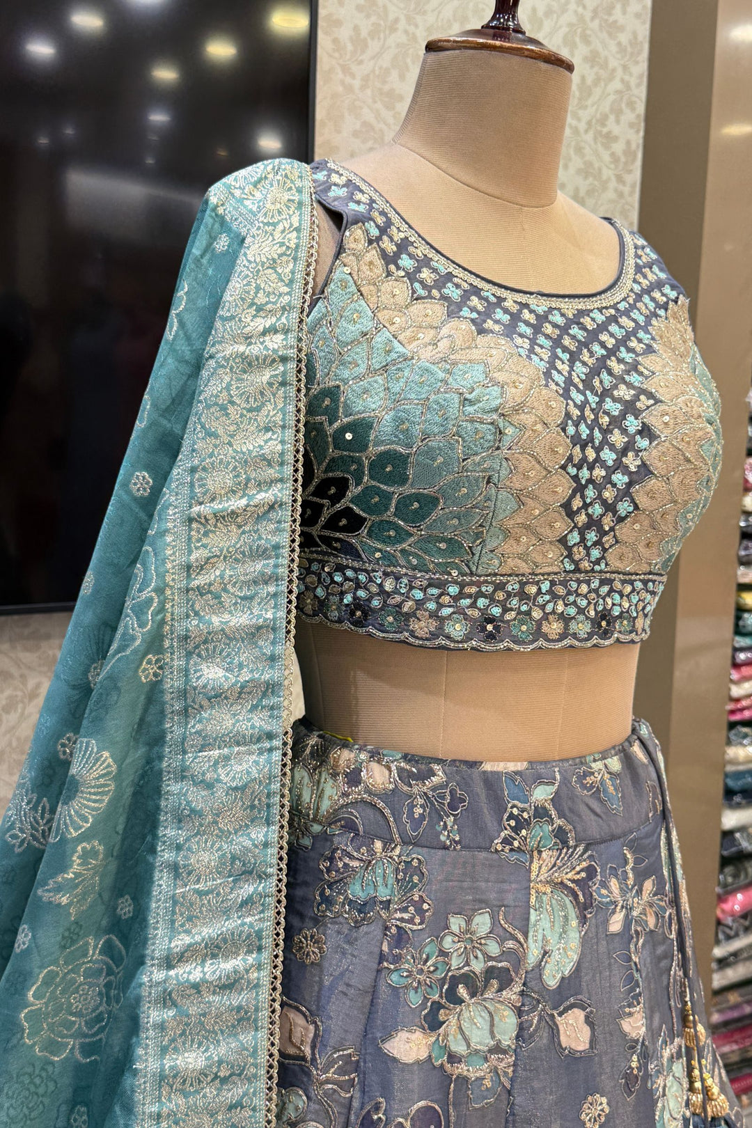 Grey Beads, Sequins, Zardozi and Multicolor Thread work with Digital Print Crop Top Lehenga