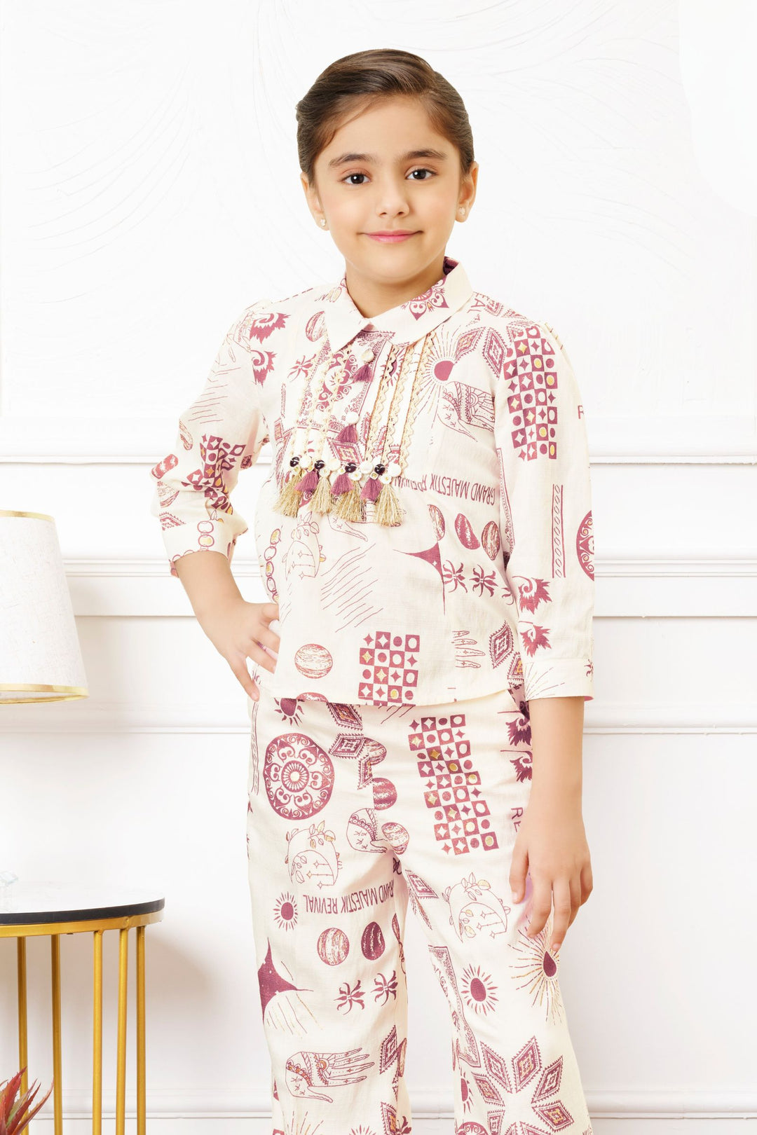 Cream with Pink Digital Print Co-ord Set for Girls