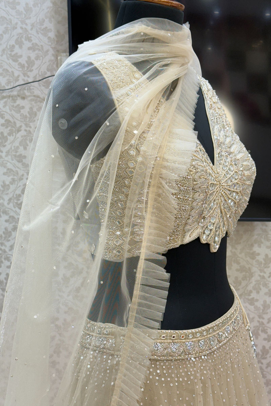 Beige Mirror, Beads, Sequins, Thread and Stone work Crop Top Lehenga