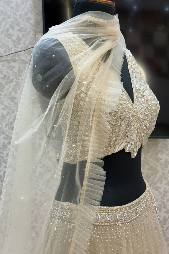 Beige Mirror, Beads, Sequins, Thread and Stone work Crop Top Lehenga