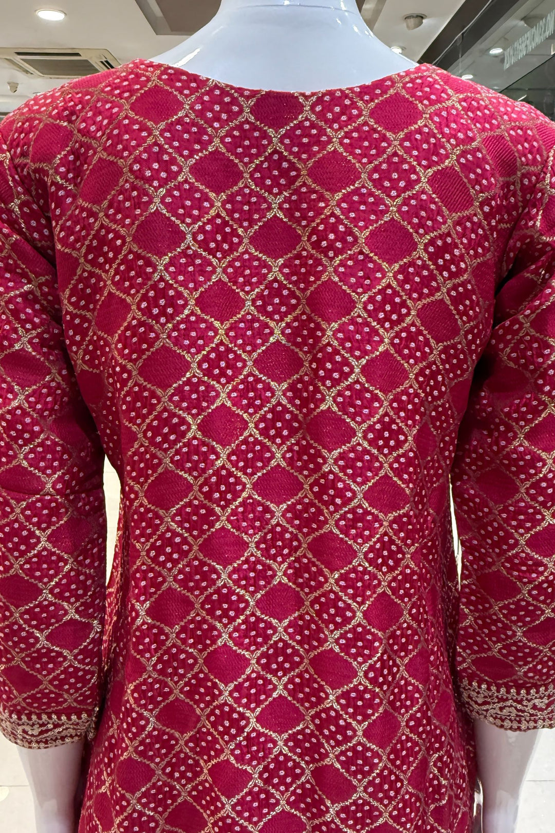 Rani Pink Banaras, Sequins and Zari work with Bandini Print Straight Cut Salwar Suit