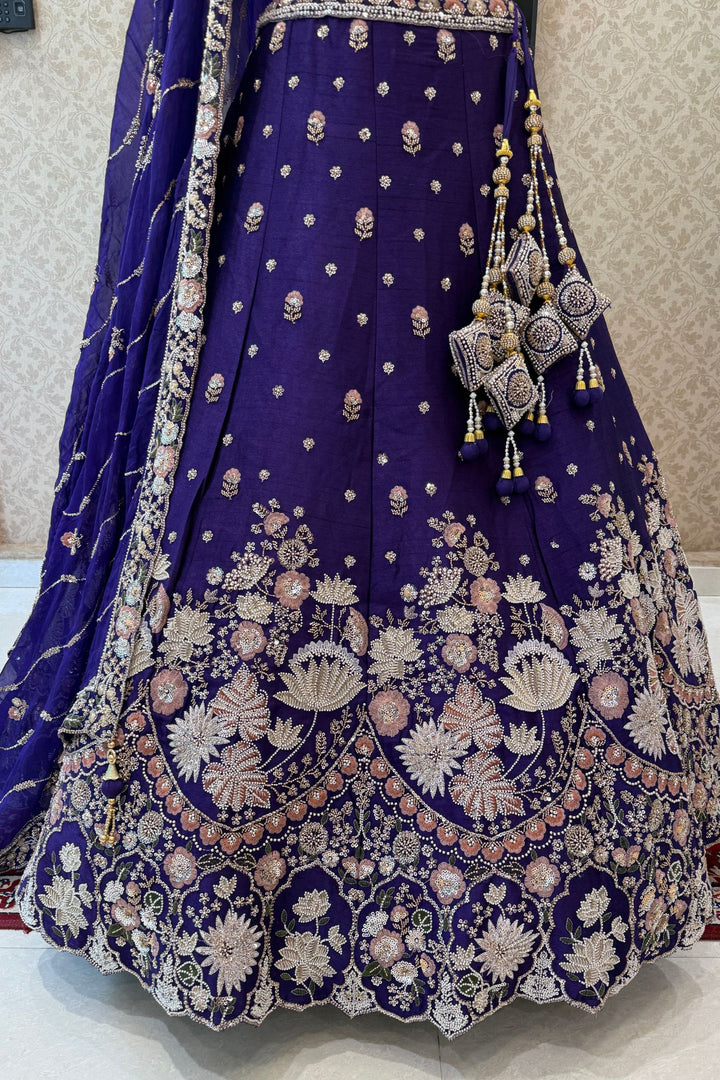 Purple Bridal Lehenga Set with Intricate Zari, Sequins, Beads and Floral Embroidery