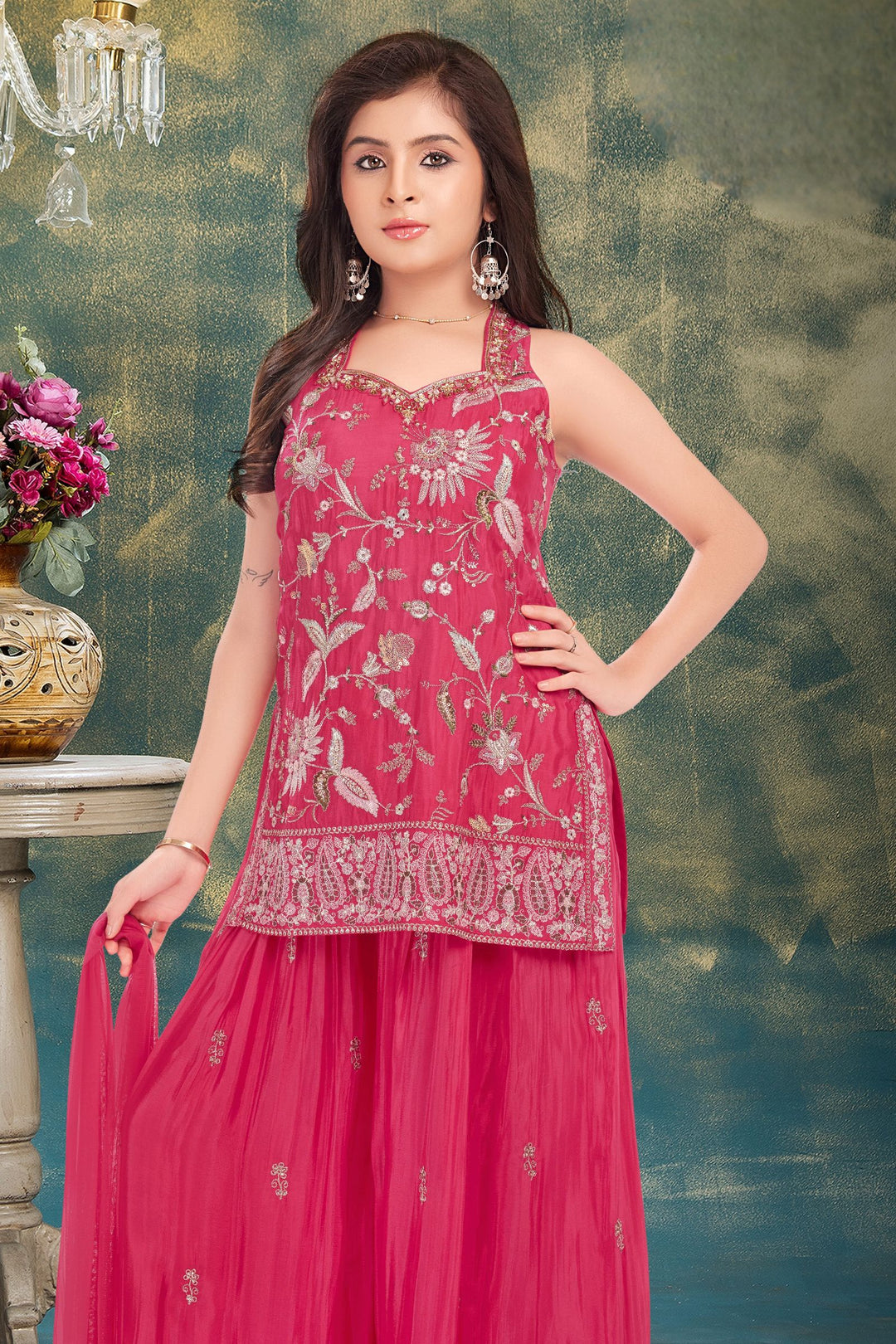 Rani Pink Zari, Sequins, Beads, Embroidery and Mirror work Palazzo Suit Set for Girls