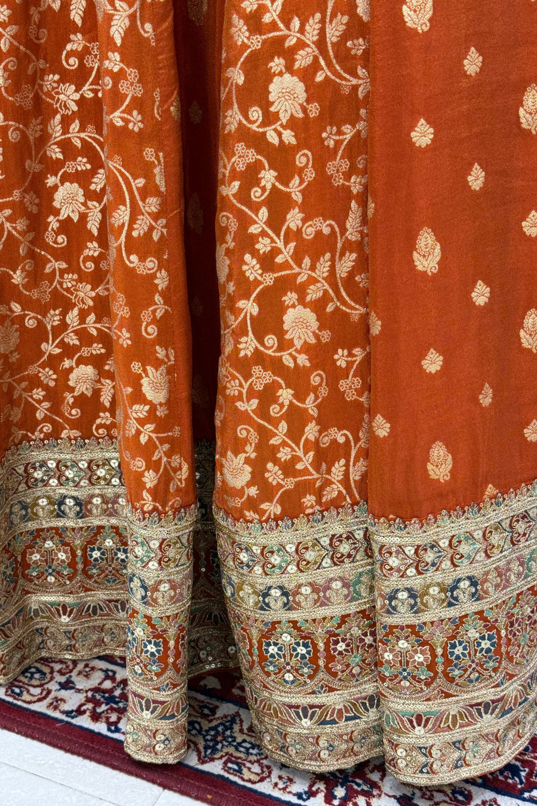 Orange Zari, Sequins, Beads and Multicolor Thread work Crop Top Lehenga