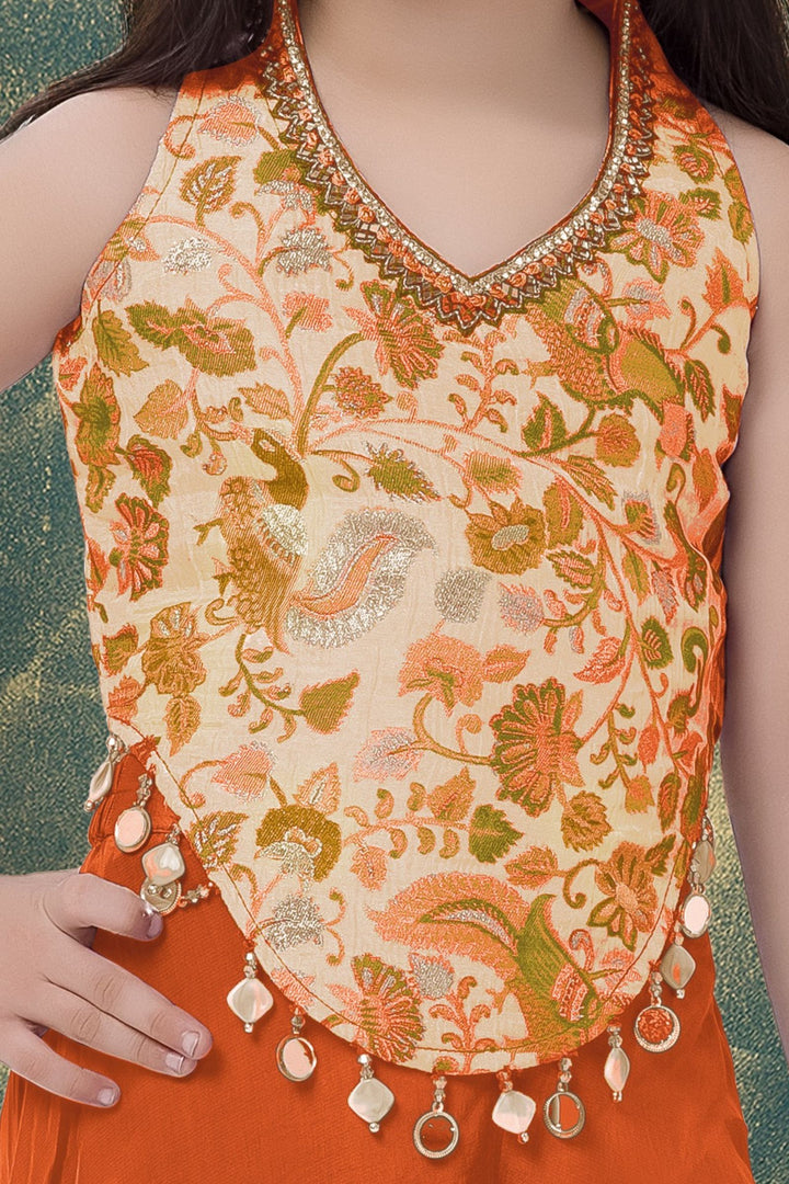 Orange with Beige Stone, Mirror and Thread work with Multicolor Print Palazzo Set for Girls