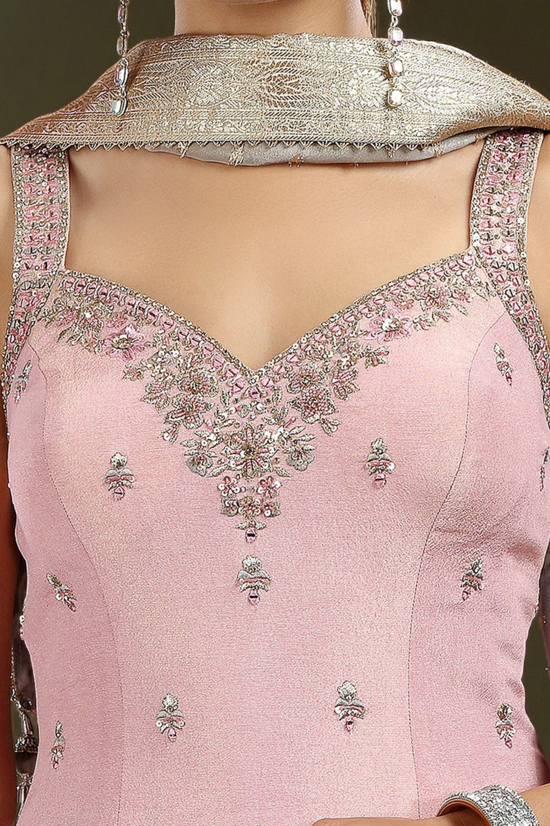 Baby Pink with Grey Mirror, Sequins, Beads, Zari, Stone and Banaras work Palazzo Salwar Suit