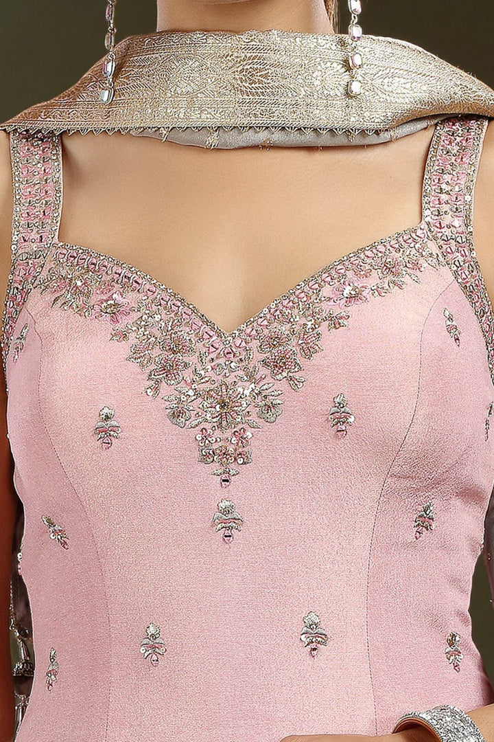 Baby Pink with Grey Mirror, Sequins, Beads, Zari, Stone and Banaras work Palazzo Salwar Suit