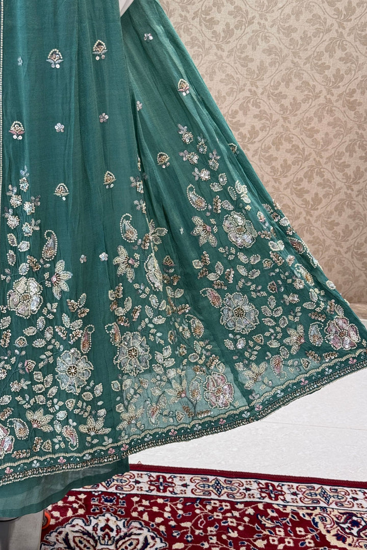 Sea Green Beads, Sequins and Thread work Long Top with Straight Pant