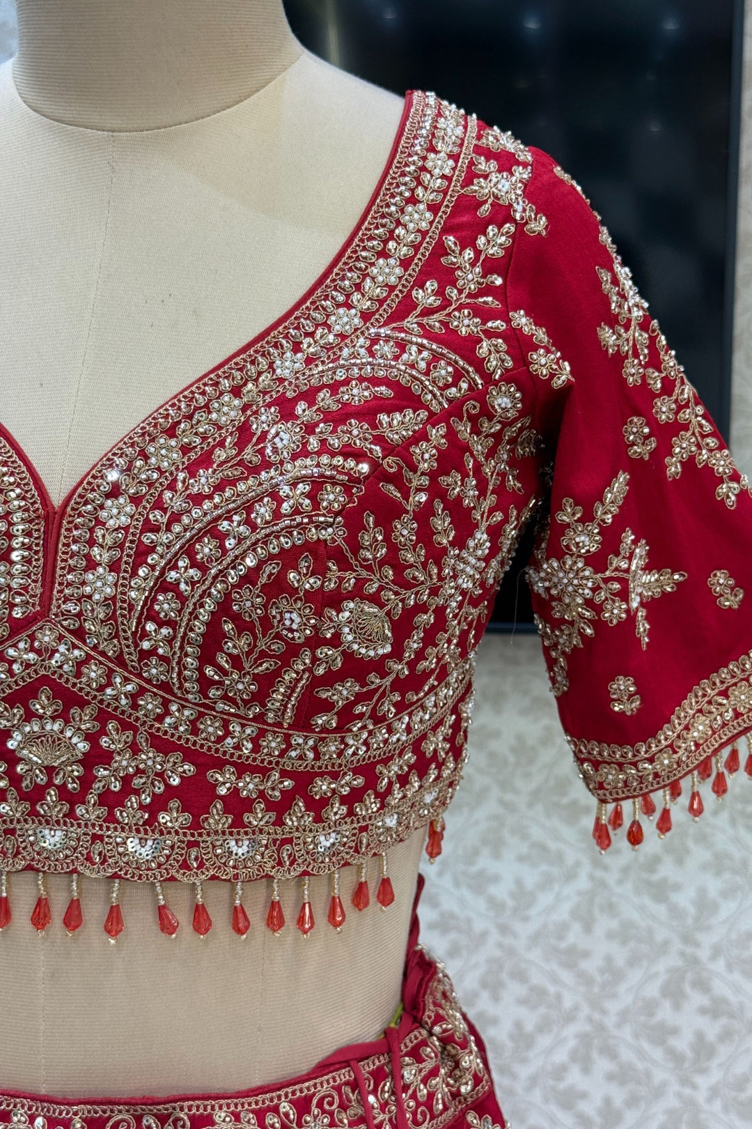 Maroon Beads, Zari, Zardozi and Sequins work Crop Top Designer Bridal Lehenga with Belt