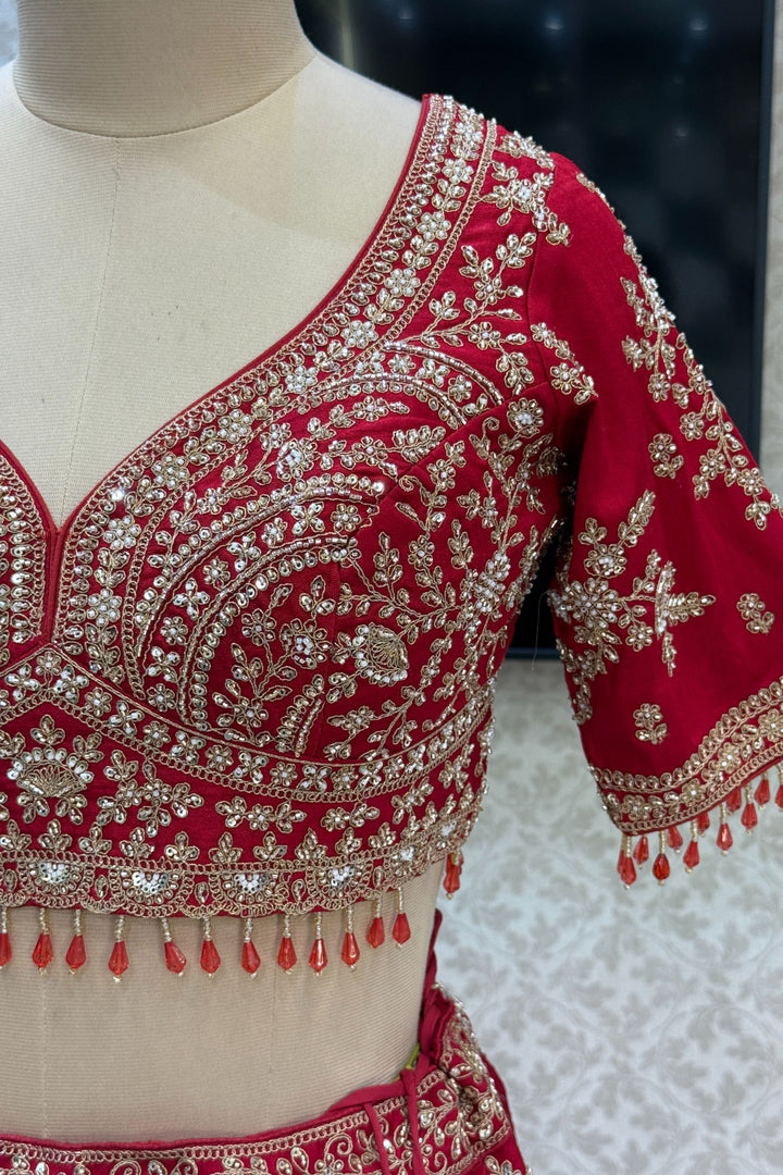 Maroon Beads, Zari, Zardozi and Sequins work Crop Top Designer Bridal Lehenga with Belt