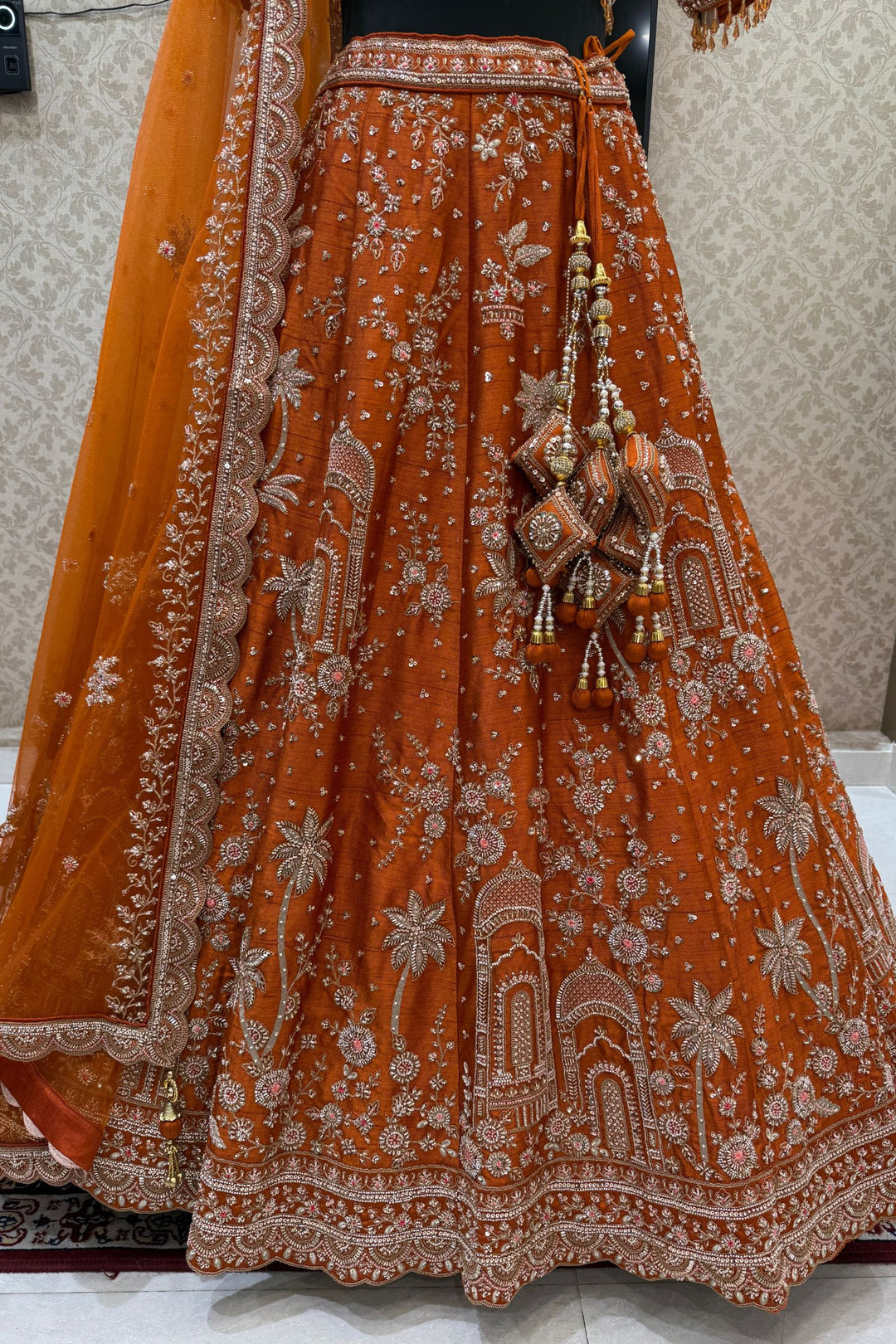Orange Royal Heritage Motif Wedding Lehenga